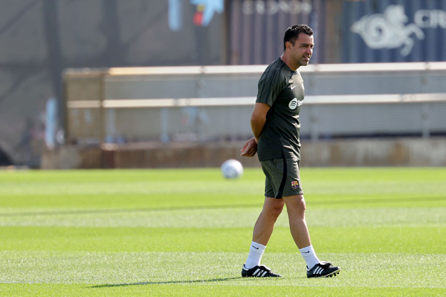 Barcelona’s Spanish coach Xavi leads a training session ahead of the UEFA Champions League football match between FC Barcelona and Royal Antwerp FC, at the training centre in Barcelona on Monday (AFP photo)
