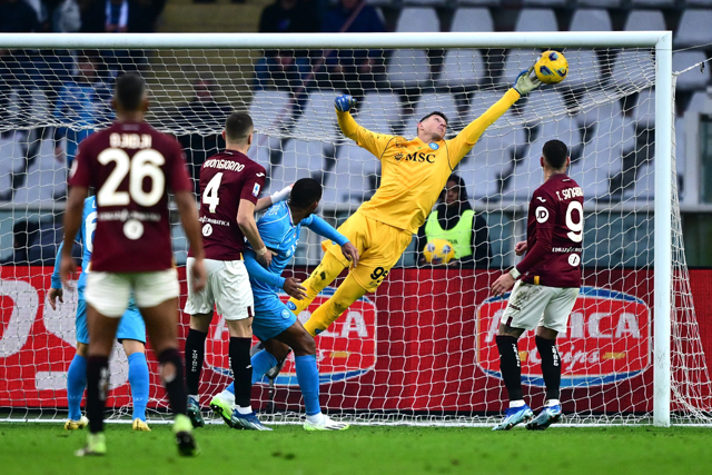 Torino’s Italian defender Alessandro Buongiorno (second left) scores the third goal of his team during the Italian Serie A football match Torino vs Napoli at the Stadio Grande Torino on Sunday (AFP photo)