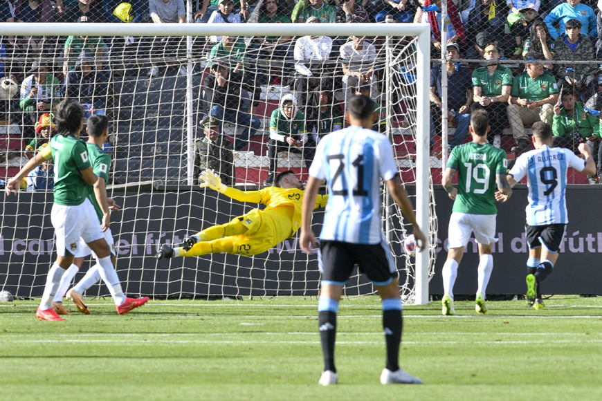 Bolivia's goalkeeper Guillermo Viscarra fails to stop a shot by Argentina's defender Nicolas Tagliafico (out of frame) during the 2026 FIFA World Cup South American qualifiers football match between Bolivia and Argentina, at the Hernando Siles Stadium in La Paz, on Wednesday (AFP photo)
