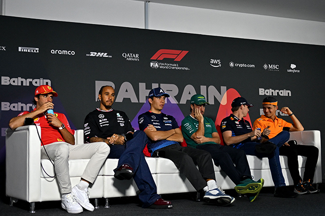 From left to right: Ferrari’s Spanish driver Carlos Sainz Jr, Mercedes’ British driver Lewis Hamilton, Williams’ Thai driver Alexander Albon, Aston Martin’s Spanish driver Fernando Alonso, Red Bull Racing’s Dutch driver Max Verstappen and McLaren’s British driver Lando Norris attend a press conference at the Bahrain International Circuit in Sakhir on Wednesday ahead of the Bahrain Formula One Grand Prix (AFP photo)