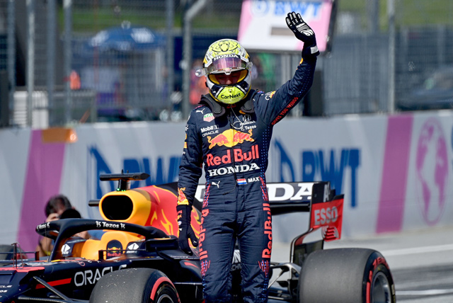 Red Bull’s Dutch driver Max Verstappen reacts after winning the qualifying session at the Red Bull Ring race track in Spielberg, Austria, on Saturday, ahead of the Formula One Austrian Grand Prix (AFP photo by Andrej Isakovic)