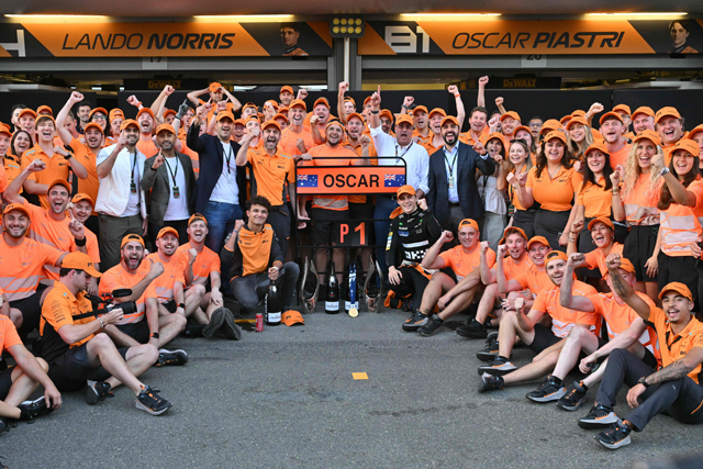McLaren’s Australian driver Oscar Piastri celebrates with the team after winning the Formula One Azerbaijan Grand Prix at the Baku City Circuit in Baku on Sunday (AFP photo)