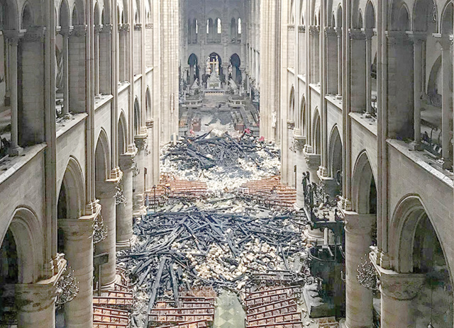 This photo taken on Tuesday shows an interior view of the Notre-Dame Cathedral in Paris in the aftermath of a fire that devastated the cathedral (AFP photo)