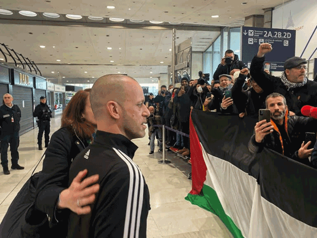 French-Palestinian human rights lawyer Salah Hamouri at the French capital’s Charles de Gaulle airport, on Sunday  (AFP photo)