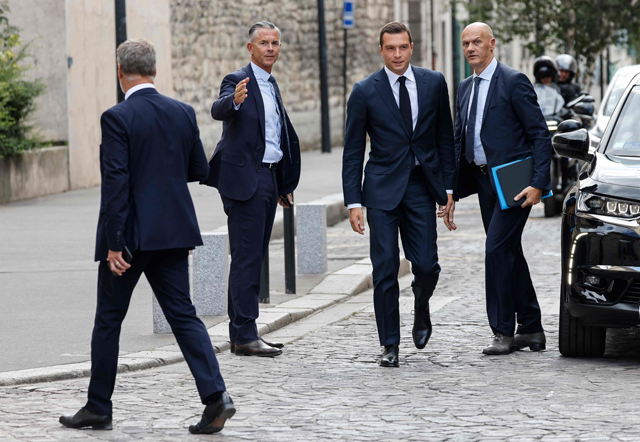 President of French far-right party Rassemblement National Jordan Bardella (2nd right) arrives to attend the ‘Rencontres de Saint-Denis’ meeting at the Maison d'Education of the Legion of Honour in Saint-Denis, on the outskirts of Paris, on Wednesday (AFP photo)
