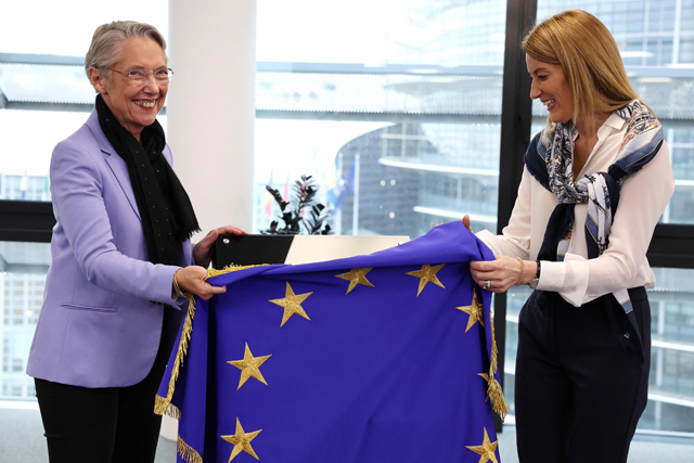 European Parliament President Roberta Metsola and France’s Prime Minister Elisabeth Borne atttend the inauguration of the Simone Veil building at the European Parliament in Strasbourg, eastern France, on Tuesday (AFP photo)