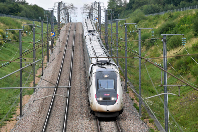 A high-speed train by French railway company SNCF travels on the Bordeaux-Paris route at reduced speed, at Chartres, northern France, on Friday (AFP photo)
