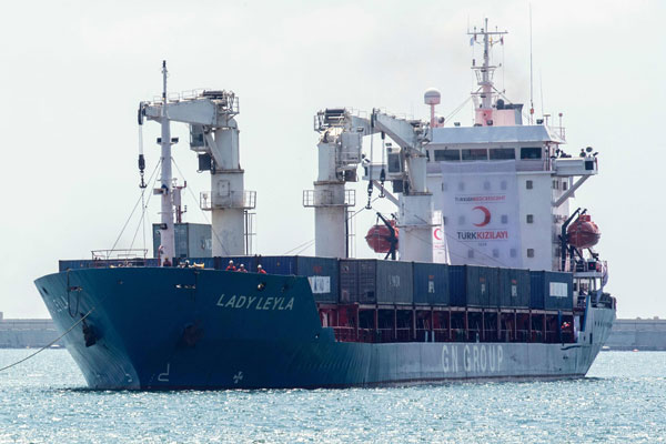 A photo taken on Sunday shows Lady Leyla, a humanitarian aid ship sent from Turkey to the Gaza Strip, arriving to the Israeli southern port of Ashdod. The Lady Leyla ship left Turkey for Israel on Saturday carrying aid for Gaza following a deal reached on June 26 between Israel and Turkey, aimed at ending years of acrimony and restoring normalised ties that soured after a deadly 2010 raid on an aid flotilla (AFP photo)