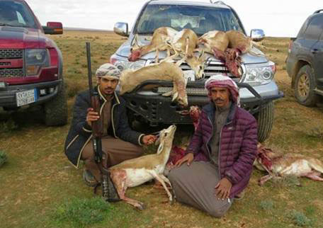 A photo shared on social media purportedly shows hunters posing with dead gazelles they hunted in Rweished recently