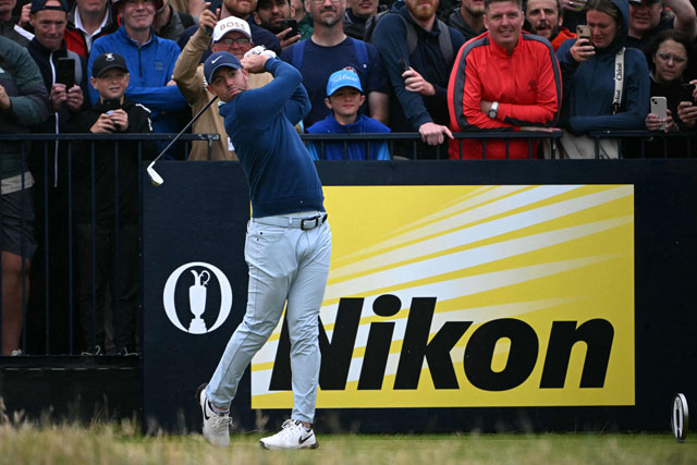 Northern Ireland’s Rory McIlroy watches his iron shot from the 17th tee during a practice round ahead of the 152nd British Open Golf Championship at Royal Troon on the south west coast of Scotland on Tuesday (AFP photo)