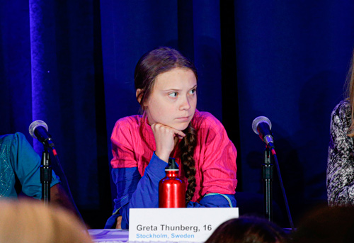 Activist Greta Thunberg attends a press conference where 16 children from across the world, present their official human rights complaint on the climate crisis to the United Nations Committee on the Rights of the Child at the UNICEF Building in New York City, on Monday (AFP photo)