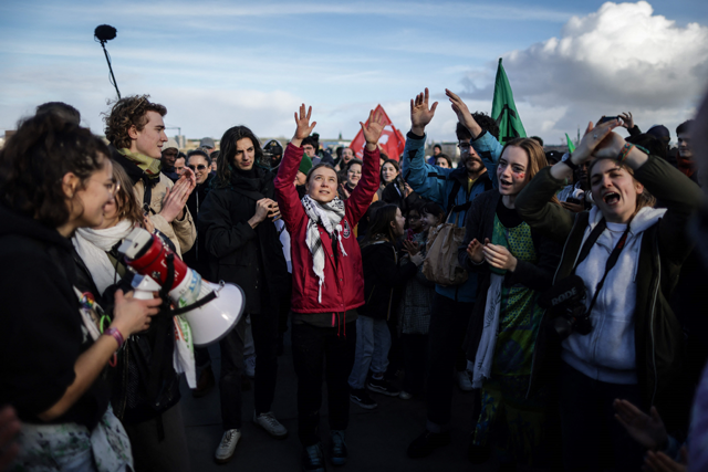 Swedish environmental activist Greta Thunberg takes part in a demonstration in Bordeaux, southwestern France, on Sunday, against plans to drill eight new oil wells in La Teste-de-Buch forest (AFP photo)
