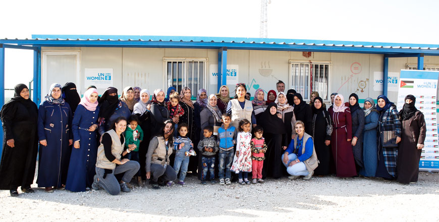 Deputy Executive Director of UN Women Anita Bhatia  poses for a group photo during her visit to Azraq refugee camp on Sunday (Petra photo)