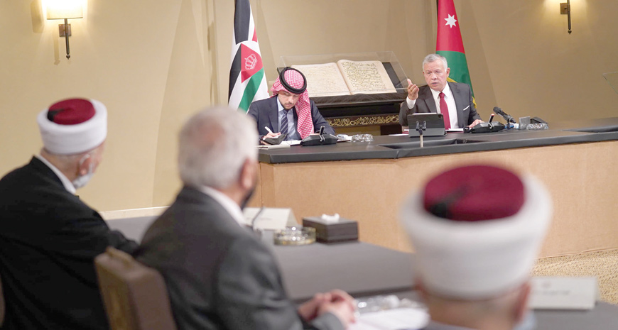 His Majesty King Abdullah speaks during a meeting with Jerusalem Islamic awqaf representatives and church leaders at Al Husseiniya Palace, attended by HRH Crown Prince Hussein, on Tuesday (Photo courtesy of Royal Court)