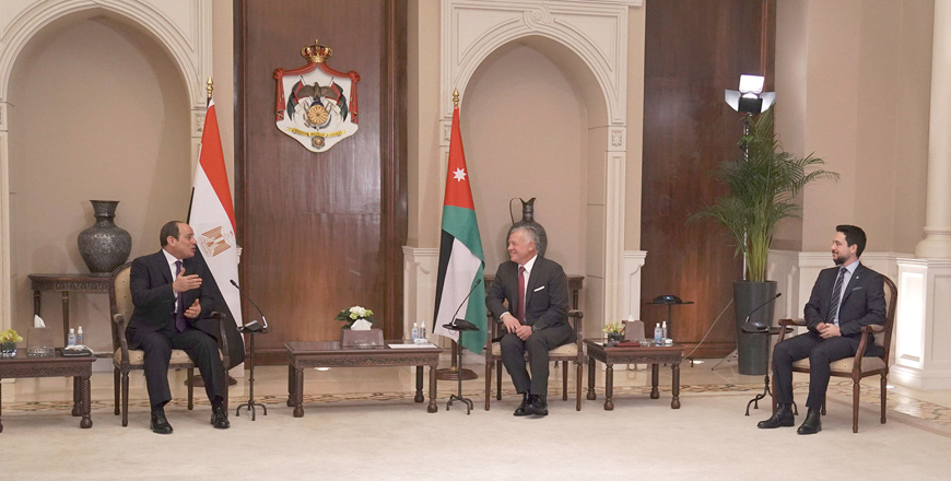 His Majesty King Abdullah holds talks with Egypt President Abdel Fattah El Sisi, attended by HRH Crown Prince Hussein, covering the deep-rooted ties and ways to bolster cooperation in service of mutual interests (Photo courtesy of Royal Court Facebook page)