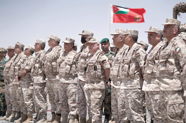 His Majesty King Abdullah, the Supreme Commander of the Jordan Armed Forces-Arab Army, attends a tactical military exercise on Monday (Photo courtesy of Royal Court)