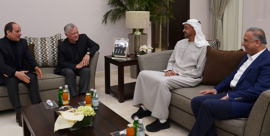 His Majesty King Abdullah hosts Egypt President Abdel Fattah El Sisi, Sheikh Mohamed bin Zayed Al Nahyan, the crown prince of Abu Dhabi and the deputy supreme commander of the UAE Armed Forces, and Iraq Prime Minister Mustafa Al Kadhimi for a meeting in Aqaba, attended by HRH Crown Prince Hussein, on Friday (Photo courtesy of Royal Court)