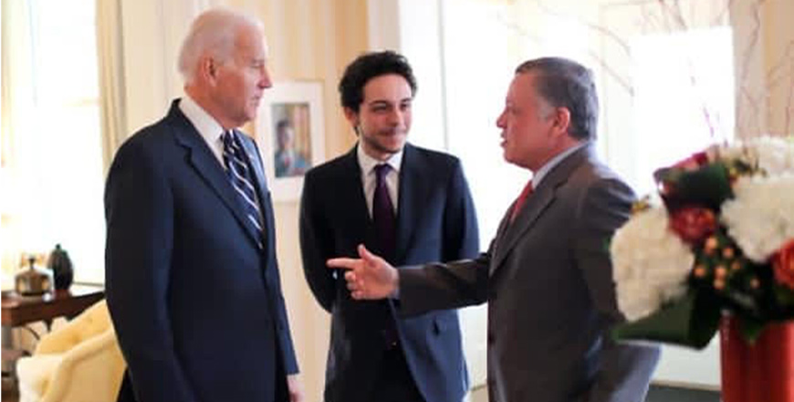 His Majesty King Abdullah, accompanied by HRH Crown Prince Hussein, with US Vice President Joe Biden in Washington, DC, on February 12, 2014