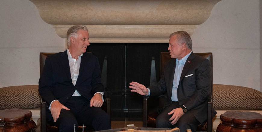 His Majesty King Abdullah receives King Philippe of the Belgians at Beit Al Urdun on Tuesday (Photo courtesy of Royal Court)
