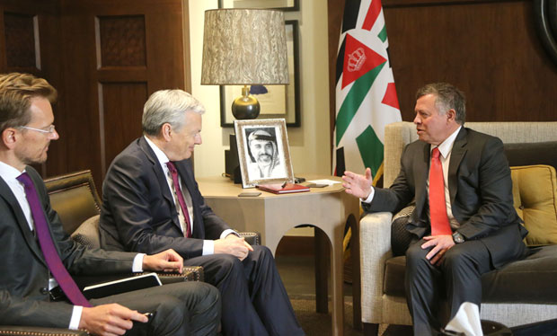 His Majesty King Abdullah meets Belgium’s Deputy Prime Minister and Minister of Foreign Affairs Didier Reynders at Al Husseiniya Palace on Wednesday  (Photo courtesy of Royal Court)