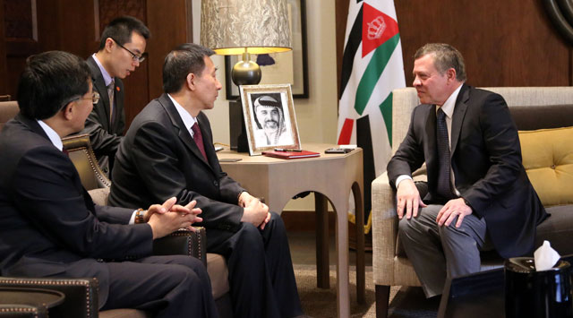 His Majesty King Abdullah meets with China’s State Councillor Wang Yong at Al Husseiniya Palace in Amman on Wednesday (Photo courtesy of Royal Court)