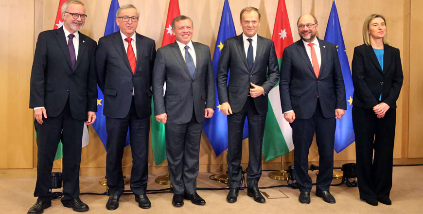 His Majesty King Abdullah poses for a group photo with EU leaders in Brussels on Wednesday (Photo courtesy of Royal Court)