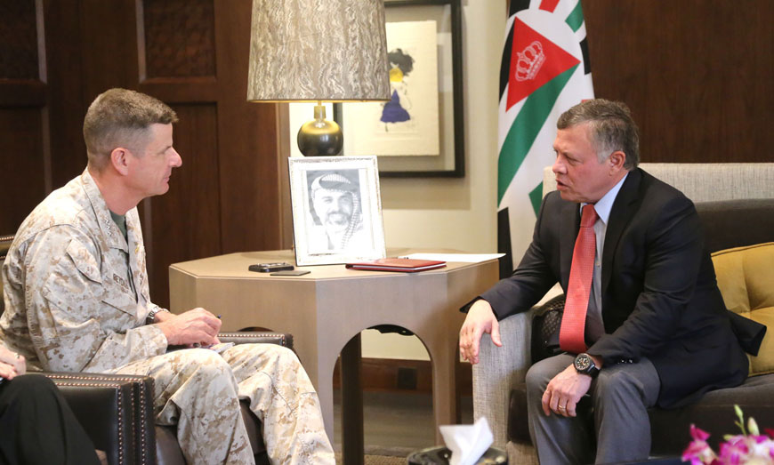 His Majesty King Abdullah meets with Commander of the US Marine Corps Central Command Lt. Gen. William Beydler in Amman on Sunday (Photo courtesy of Royal Court)