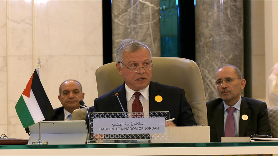 His Majesty King Abdullah addresses the 32nd Ordinary Session of the Council of the League of Arab States at the Summit Level in Jeddah on Friday (Photo courtesy of Royal Court)