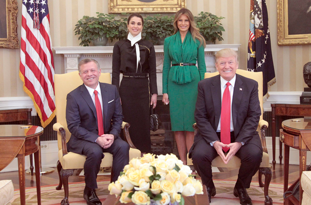 Their Majesties King Abdullah and Queen Rania meet with US President Donald Trump and First Lady Melania at the White House on Wednesday  (Photo courtesy of Royal Court)
