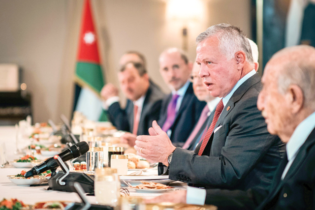 His Majesty King Abdullah speaks during a meeting with former prime ministers at a meeting at Al Husseiniya Palace on Sunday (Photo courtesy of Royal Court)