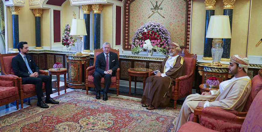 His Majesty King Abdullah and Sultan Haitham Bin Tarik of Oman hold bilateral talks at Al Alam Palace in Muscat, attended by HRH Crown Prince Hussein, on Wednesday (Photo courtesy of Royal Court)