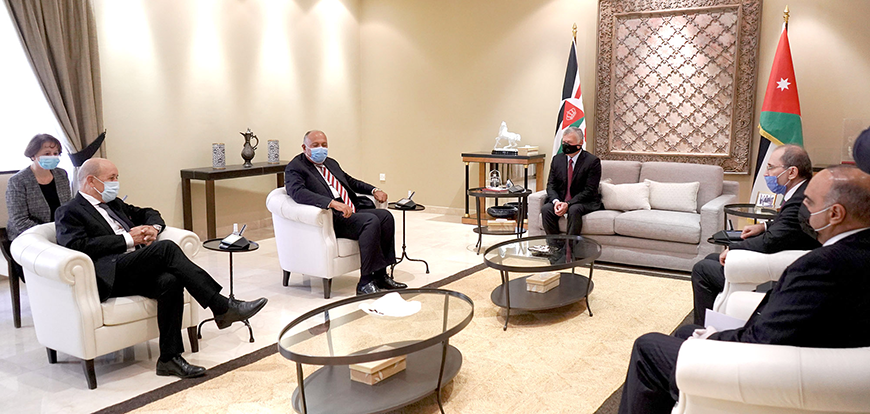 His Majesty King Abdullah receives Egypt Foreign Minister Sameh Shoukry, France Foreign Minister Jean-Yves Le Drian and European Union Special Representative for the Middle East Peace Process Susanna Terstal on Thursday (Photo courtesy of Royal Court)