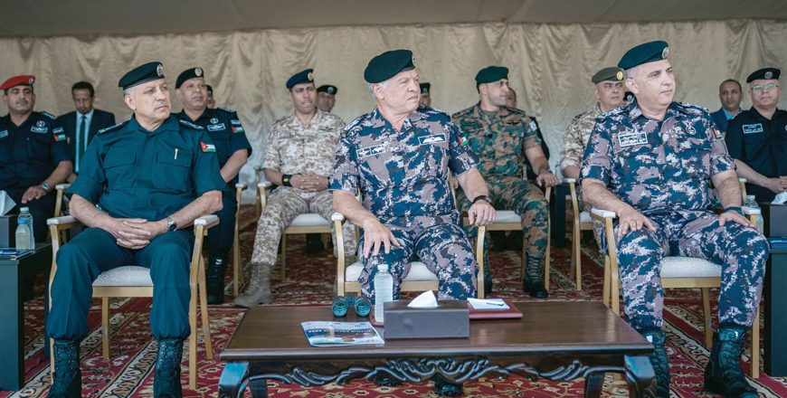 His Majesty King Abdullah, the Supreme Commander of the Jordan Armed Forces-Arab Army, attends a tactical exercise in Ajloun conducted by the Public Security Directorate’s Civil Defence Department on Monday (Photo courtesy of Royal Court)