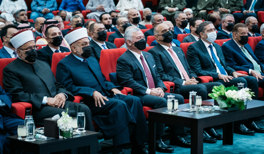 His Majesty King Abdullah attends a ceremony marking the anniversary of the birth of Prophet Mohammed at the King Abdullah I Mosque on Sunday (Photo courtesy of Royal Court)