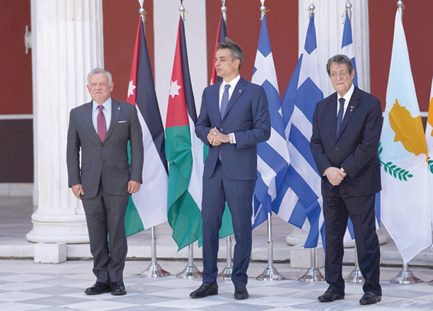 His Majesty King Abdullah with Greek Prime Minister Kyriakos Mitsotakis and Cypriot President Nicos Anastasiades in Athens on Wednesday (Photo courtesy of Royal Court)