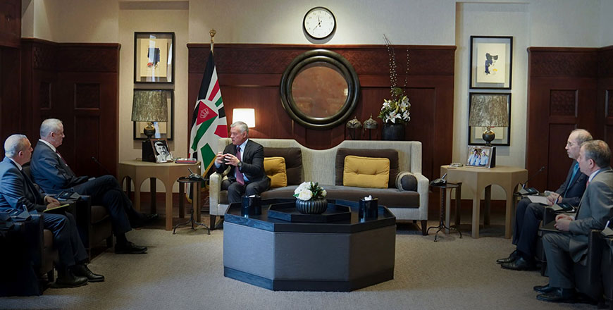 His Majesty King Abdullah meets with Israeli Defence Minister Benny Gantz at Al Husseiniya Palace on Tuesday (Photo courtesy of Royal Court) 