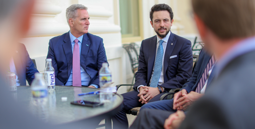 HRH Crown Prince Hussein meets with US House Speaker Kevin McCarthy in Washington, DC, on Thursday (Photo courtesy of Royal Court)