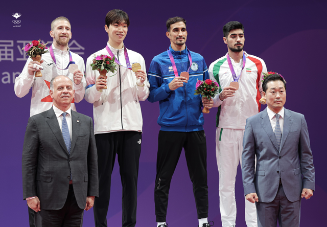 HRH Prince Feisal attends the medal ceremony of national team player Saleh Sharbati at the Asian Games in Hangzhou, China, on Wednesday (Petra photo)