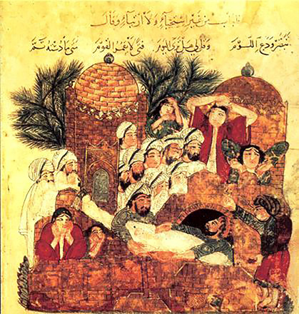 Al Hariri, ‘Burial of a plague victim’, from Al Maqamat  (collection of Islamic tales), Persian School, 13th century (Bibliothèque Nationale, Paris)