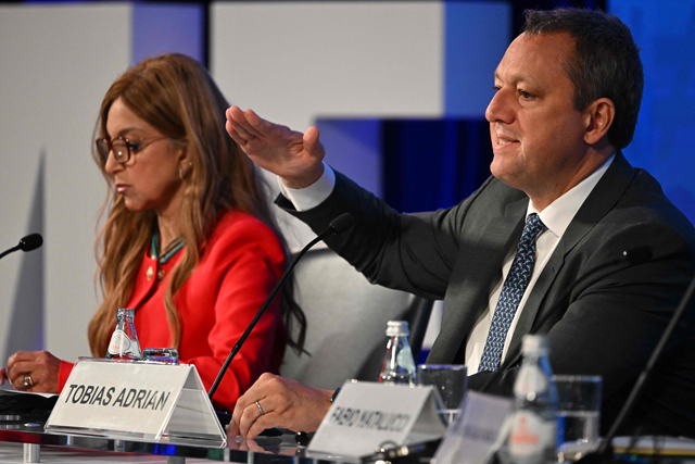 International Monetary Fund's (IMF) Tobias Adrian speaks during an event at the IMF headquarters, on Tuesday (AFP photo)