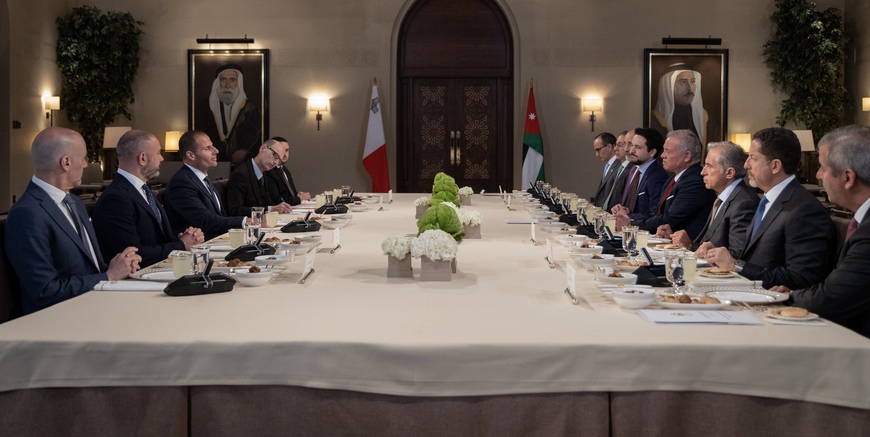 His Majesty King Abdullah and Malta Prime Minister Robert Abela discuss bilateral ties and regional developments during a meeting at Al Husseiniya Palace attended by HRH Crown Prince Hussein (Photo courtesy of Royal Court)
