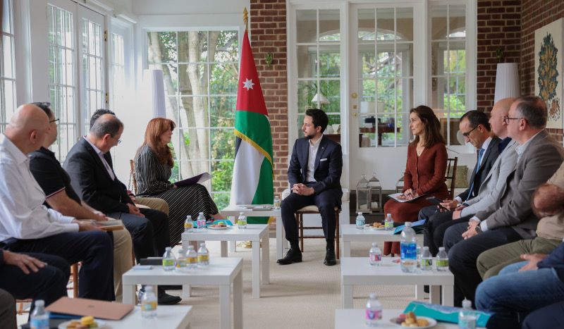 HRH Crown Prince Hussein meets with Jordanian business leaders specialised in various technological fields, including ICT, in Washington, DC, on Friday (Photo courtesy of Royal Court)
