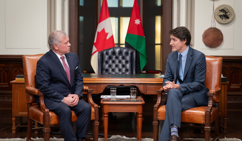 His Majesty King Abdullah on Wednesday evening holds talks in Ottawa with Canada Prime Minister Justin Trudeau on the dangerous developments in Gaza (Photo courtesy of Royal Court)