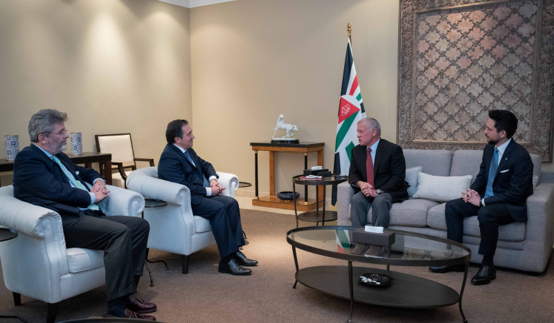 His Majesty King Abdullah on Wednesday receives Spanish Foreign Minister Jose Manuel Albares, as part of ongoing efforts to reach an immediate and lasting ceasefire in Gaza. HRH Crown Prince Hussein attends the meeting  (Photo courtesy of Royal Court)