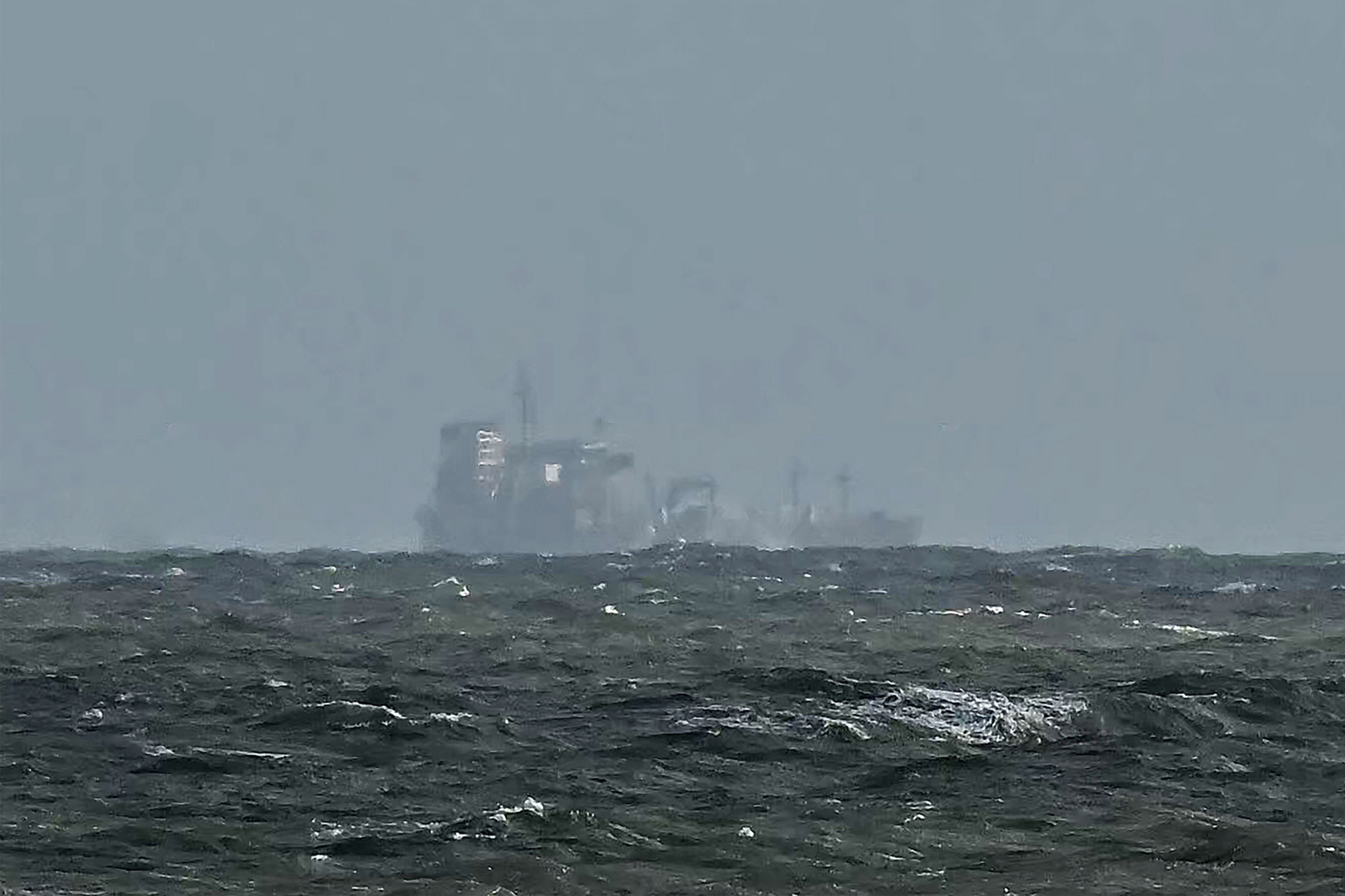The Stena Immaculate tanker that collided with Solong container vessel appear at a distance off the coast of Withernsea, east of England, on March 11, 2025 (AFP photo)