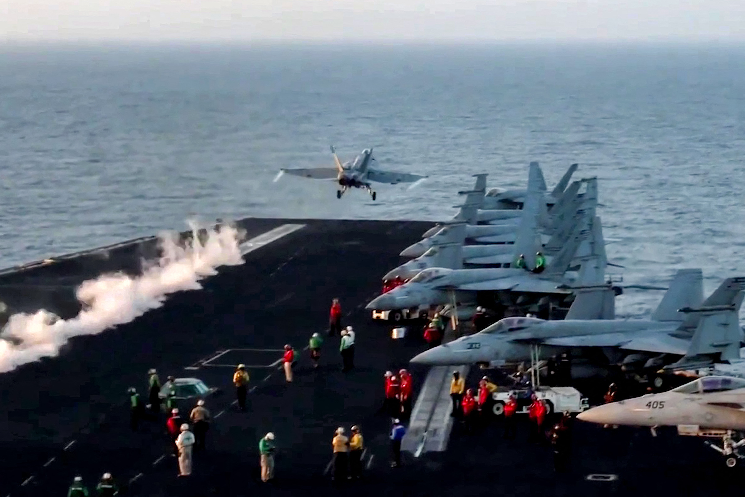 This grab from footage shared by the US Central Command (CENTCOM) on March 15, 2025 shows a US Air Force F/A-18 fighter aircraft taking off from an aircraft carrier at sea reportedly amidst operations launched against Huthis in Yemen (AFP photo)