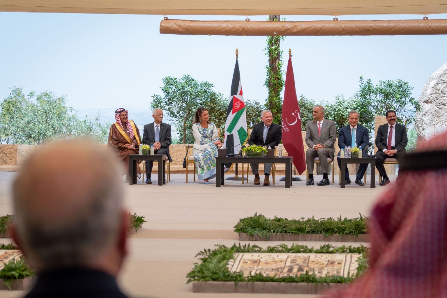 His Majesty King Abdullah, accompanied by Her Majesty Queen Rania, meets with figures and representatives from Madaba at Mount Nebo, and stresses that Jordan has always proven its ability to succeed and move forward with the persistence of Jordanians (Photo courtesy of Royal Court)