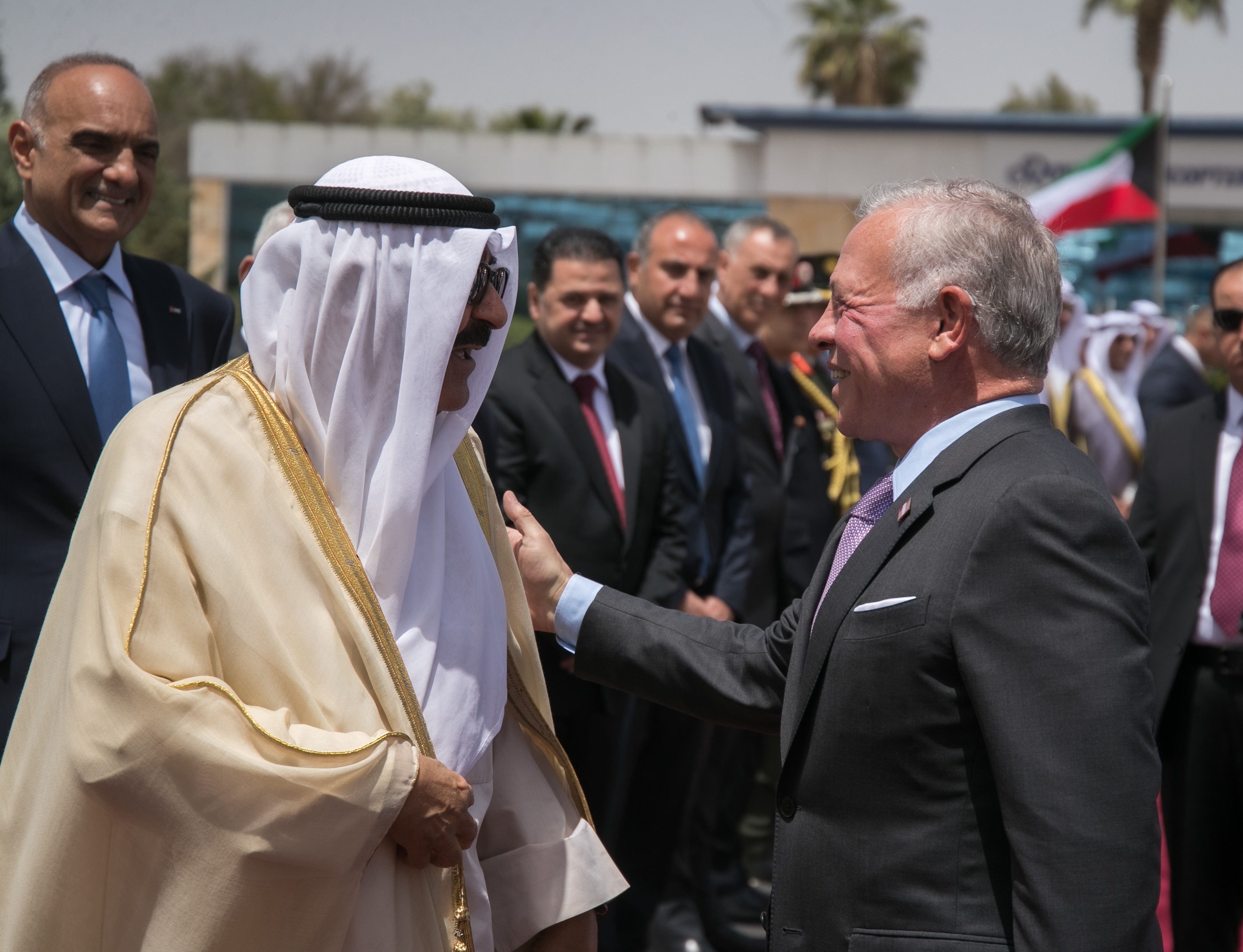 His Majesty King Abdullah bids farewell to Kuwait Emir Sheikh Meshal Al Ahmad Al Jaber Al Sabah at Marka Airport, at the conclusion of a two-day state visit to Jordan