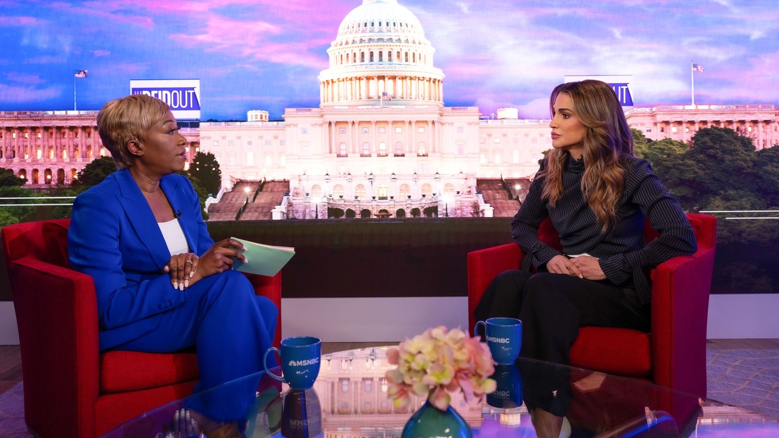Her Majesty Queen Rania, in n an interview with MSNBC’s Joy Reid in New York on Thursday, calls on the international community to exercise pressure on Israel to end the collective punishment of the people of Gaza, and to cease its violations against Palestinians in both the West Bank and the Gaza Strip (Photo courtesy of Office of Her Majesty)