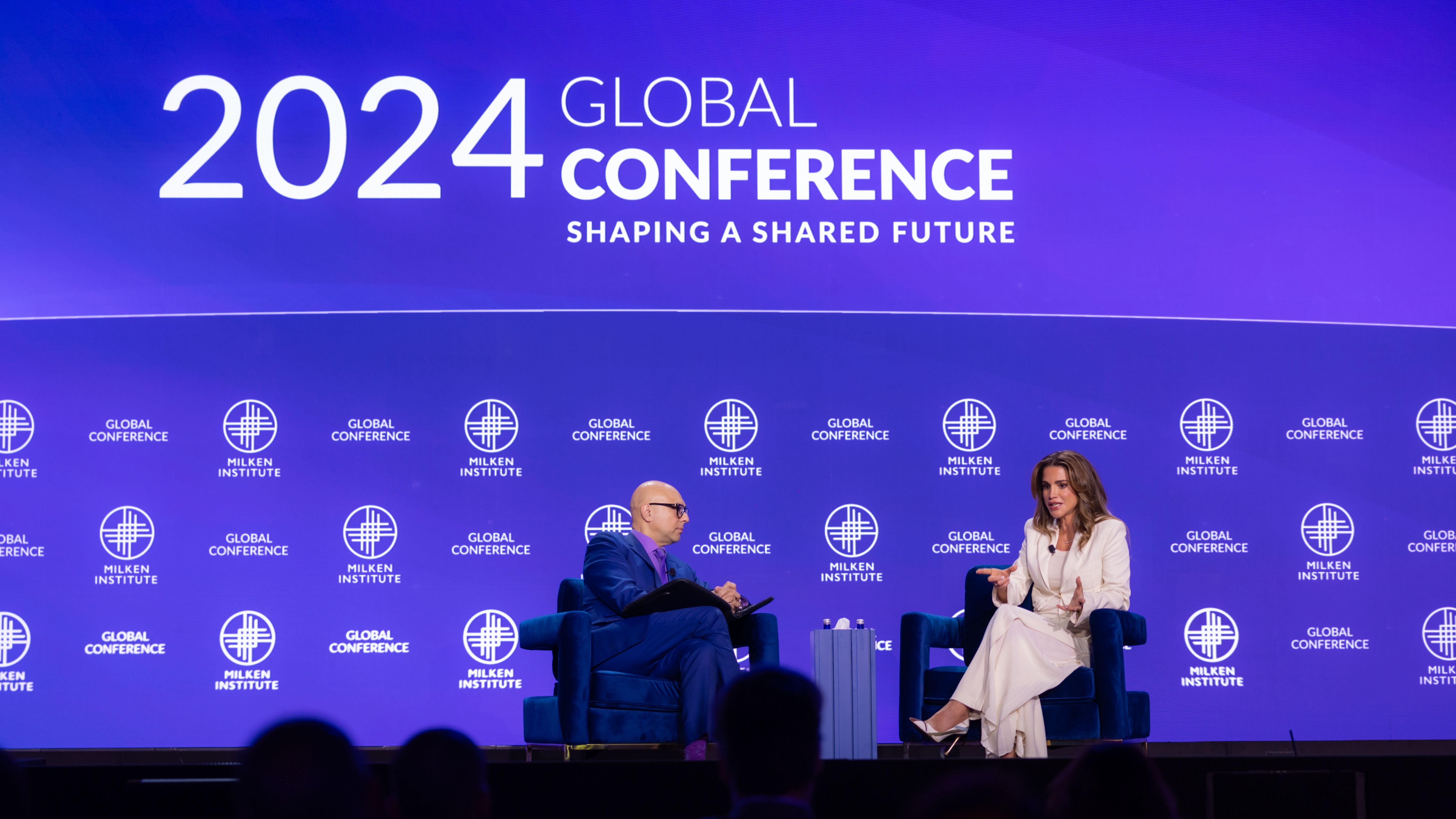 Her Majesty Queen Rania speaks during a conversation at the Milken Institute Global Conference in Los Angeles, moderated by host of “Velshi” and MSNBC Chief Correspondent Ali Velshi   (Photo courtesy of Office of Her Majesty)